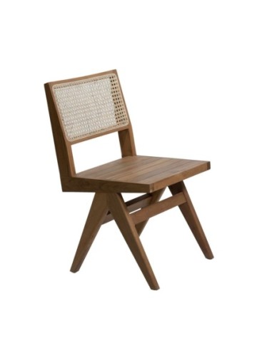 Silla de teca natural con respaldo de rattan 82x46x48 cm