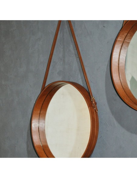 Espejo colgante circular cuero natural 54 cm