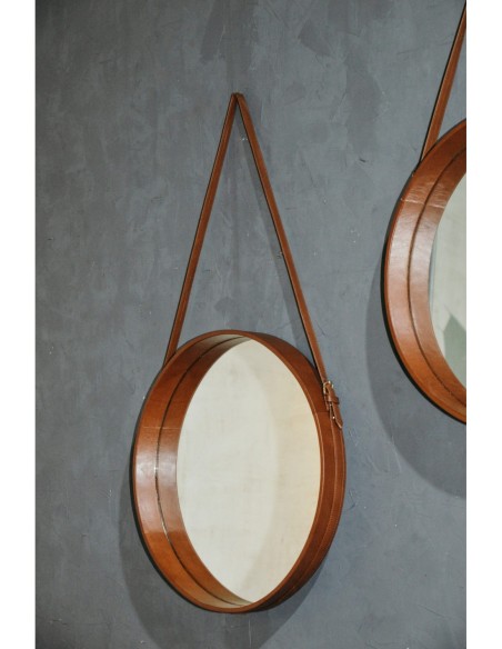 Espejo colgante circular cuero natural 54 cm