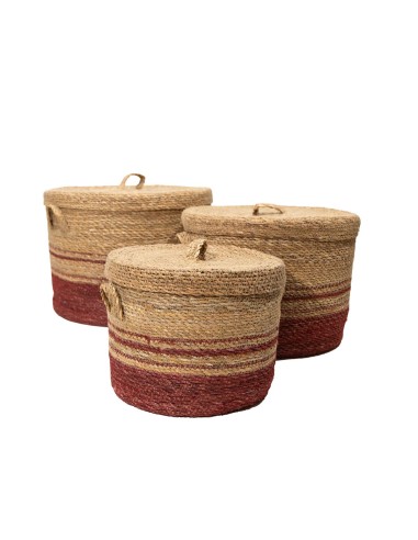 Set de 3 canastos Bandurria de fibra redondos con tapa. G38x30/M32x26/C26x22cm