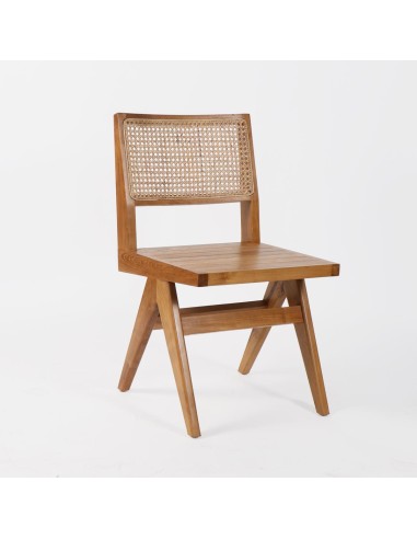 Silla de teca natural con respaldo de rattan 82 x 46 x48cm